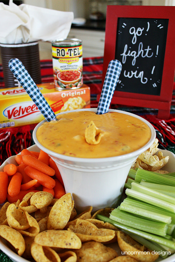 2 ingredient queso dip via Uncommon Designs.