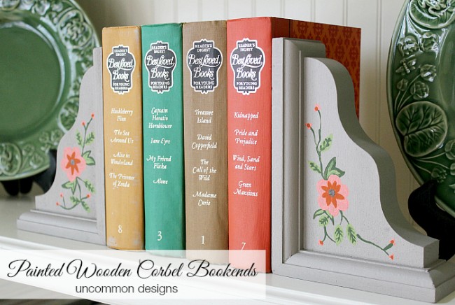 Create organization and custom home decor! These Painted Wooden Corbel Bookends will be the stars of your shelf via Uncommon Designs #decoartprojects