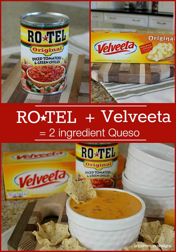 Create a simple 2 ingredient Queso with RO*TEL and VELVETTA. We even created a fun dipping station via Uncommon Designs.