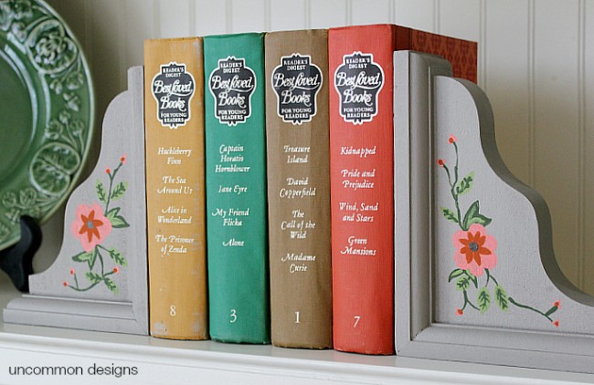 Create organization and custom home decor! These Painted Wooden Corbel Bookends will be the stars of your shelf via Uncommon Designs #decoartprojects