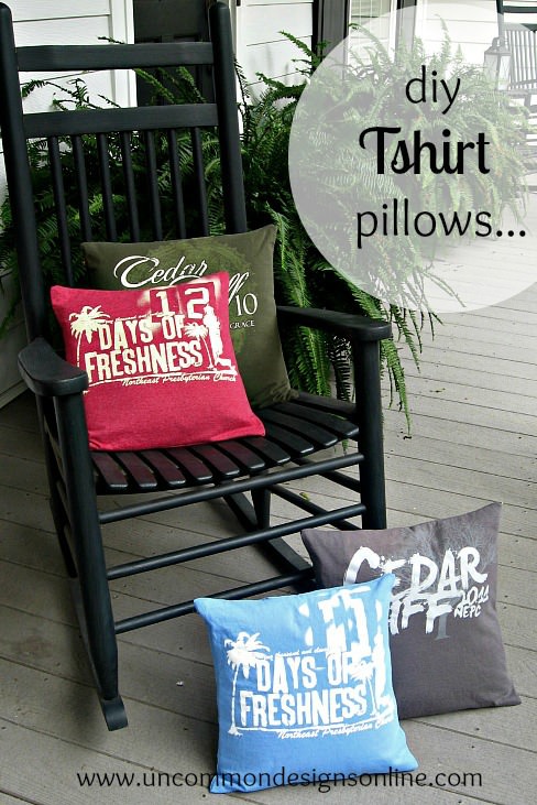 Create fun throw pillows from old t-shirts for a fun whimsical home decor item via Uncommon Designs.