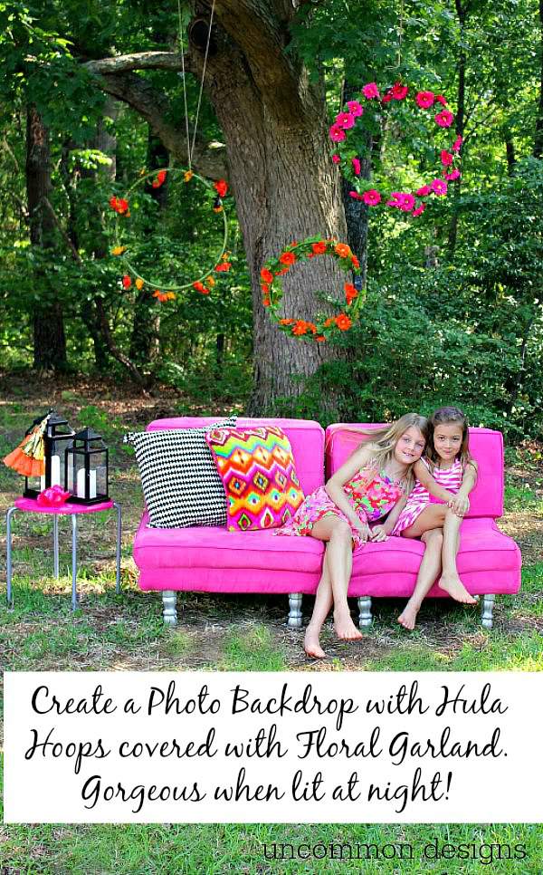 Make a lit photo backrop with flowers and hula hoops! A simple step by step tutorial by Uncommon Designs