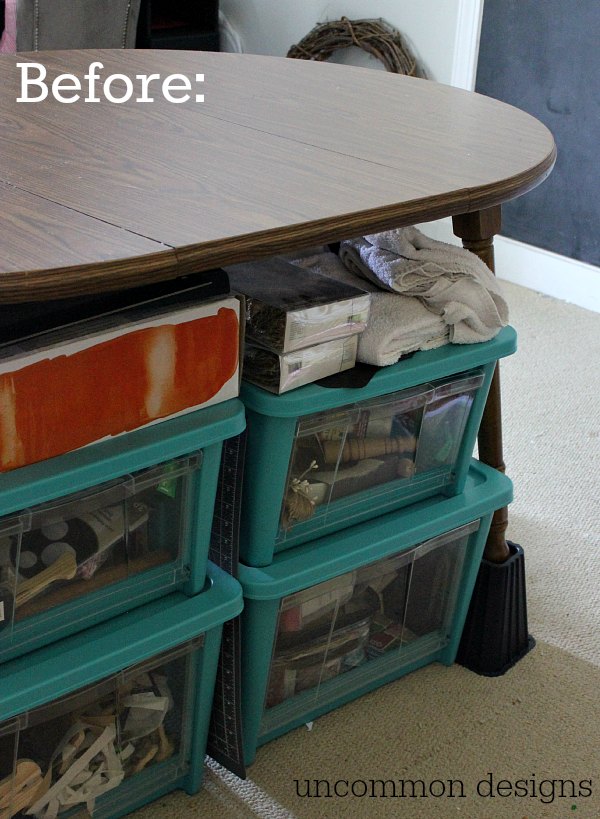 Make a raised and skirted craft table with Uncommon Designs.  Hide all of your junk and craft supplies with style! 