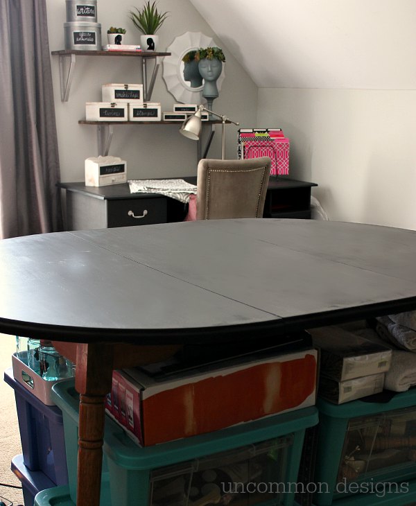 Make a raised and skirted craft table with Uncommon Designs.  Hide all of your junk and craft supplies with style! 