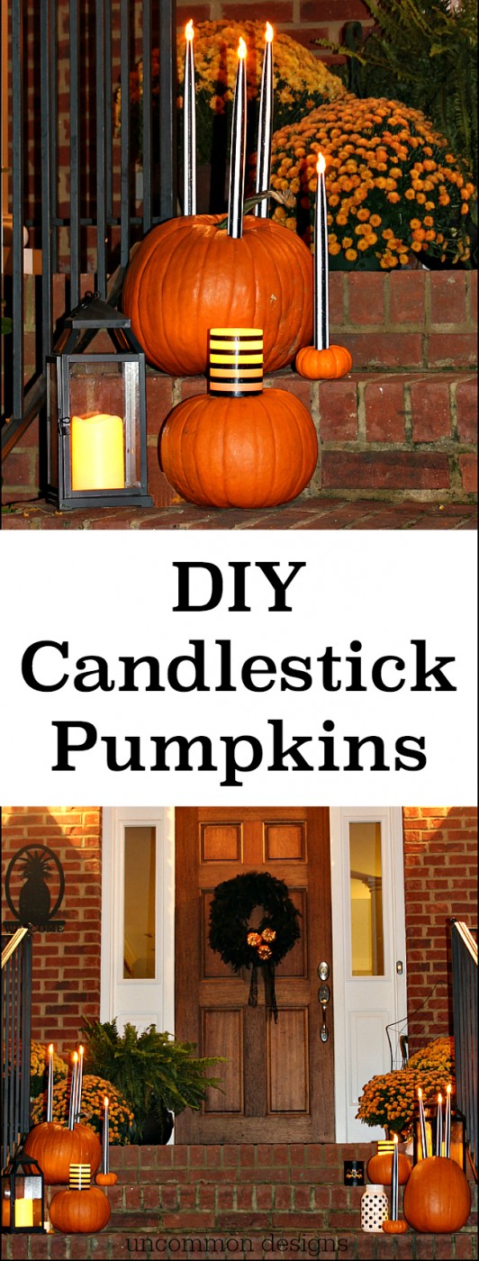 Make pumpkins into candle holders for your battery operated taper and pillar candles. So easy, but such a creative Halloween porch idea! | Uncommon Designs 