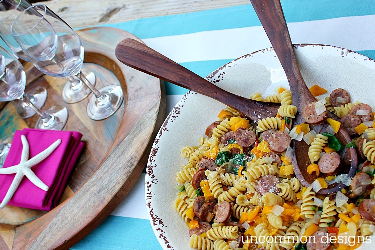 Aidells andouille sausage pasta with Cupcake Wine: Savor the Summer with a simple gathering