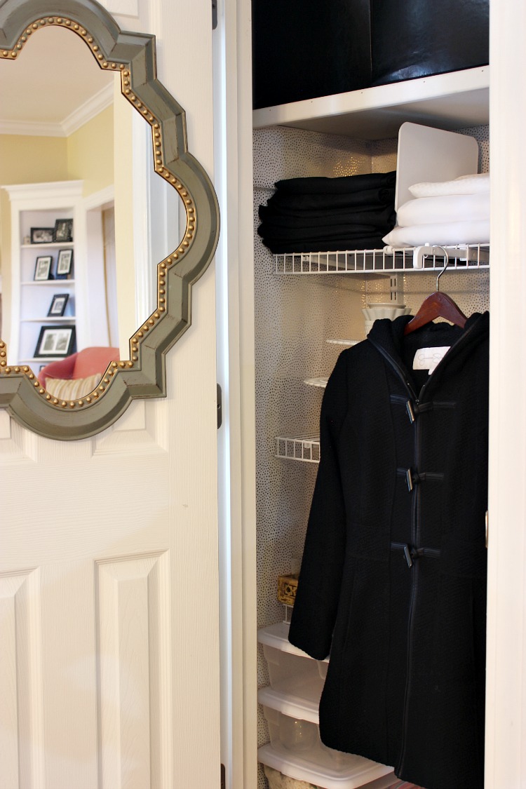 Transform a rarely used coat closet into an entertaining closet. It is the perfect place for storage of cake stands, trays, candle sticks and glassware. Having everything at your fingertips makes entertaining a breeze and there is still room for storing your guests coats! 