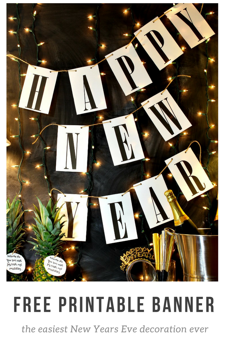 Ring in the new year with this simple Happy New Year free printable banner. It will match any decor and it is so easy to print and hang! See it at https://uncommondesignsonline.com #NewYearsEve #Free Printables