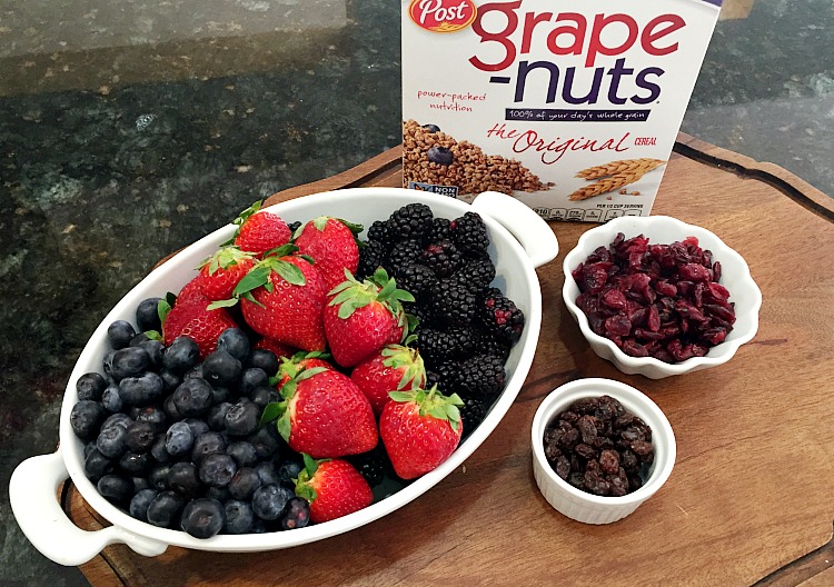 These yogurt parfaits topped with grape nuts cereal are a fun way to get your kids to eat a wholesome breakfast and they who doesn't love eating out of fancy glasses? 