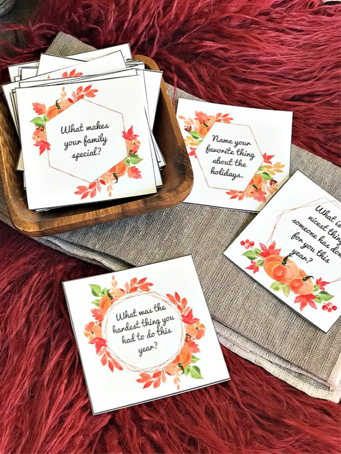 Take your Thanksgiving table talk up a notch with these free printable Thanksgiving Conversation Starters! These are perfect for every family to share around the Thanksgiving table!      #Thanksgiving #ThanksgivingIdeas #ThanksgivingTraditions #ThanksgivingPrintable #ThanksgivingTable