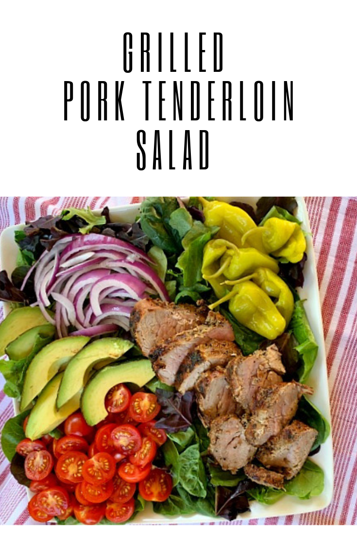 Fire up the grill for this delicious and light recipe for garlic and cracked black pepper grilled pork tenderloin salad with loads of toppings. A great grilling recipe for summer!