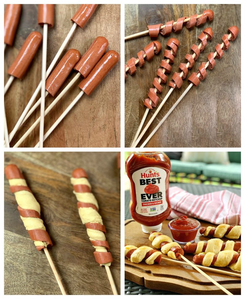 Tornado Dogs | Hot Dogs on a stick with a twist. Amp up the summer fun with this hot dog recipe for an easy dinner idea. With only a few ingredients and Hunt's Best Ever Ketchup, dinner is yummy and fun! 